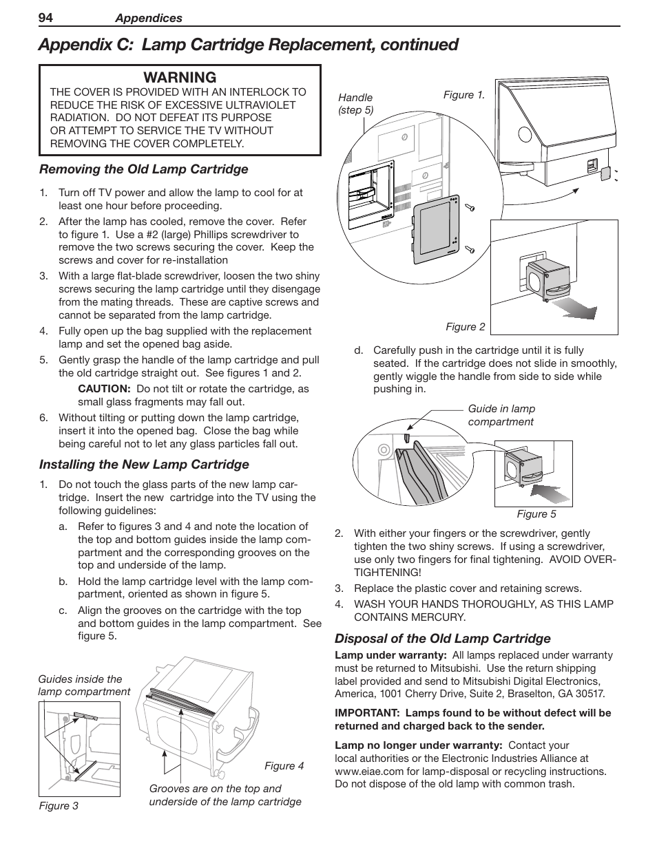 Appendix c: lamp cartridge replacement, continued, Warning | MITSUBISHI ELECTRIC WD-52631 User Manual | Page 94 / 108