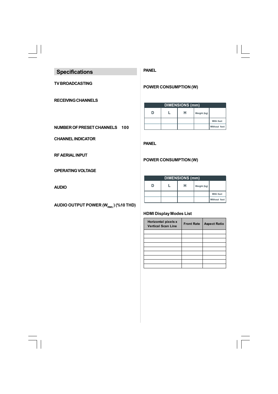 Specifications | Matsui America MAT42LW507E User Manual | Page 19 / 19