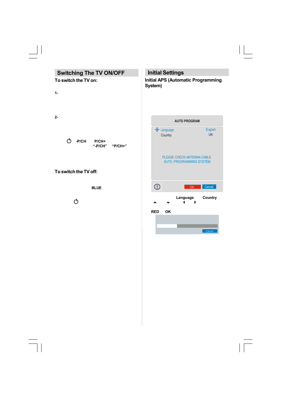Switching the tv on/off, Initial settings | Matsui America MAT42LW507E User Manual | Page 7 / 19