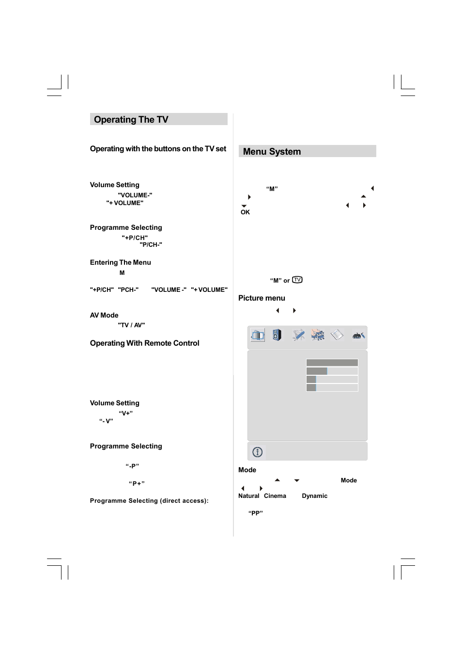 Menu system, Operating the tv | Matsui America MAT42LW507E User Manual | Page 8 / 19
