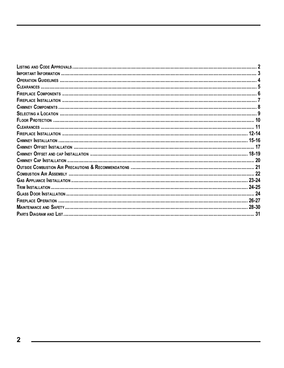Ongratulations, Isting, Pprovals | Able, Ontents | Martin Fireplaces B36RA User Manual | Page 2 / 32