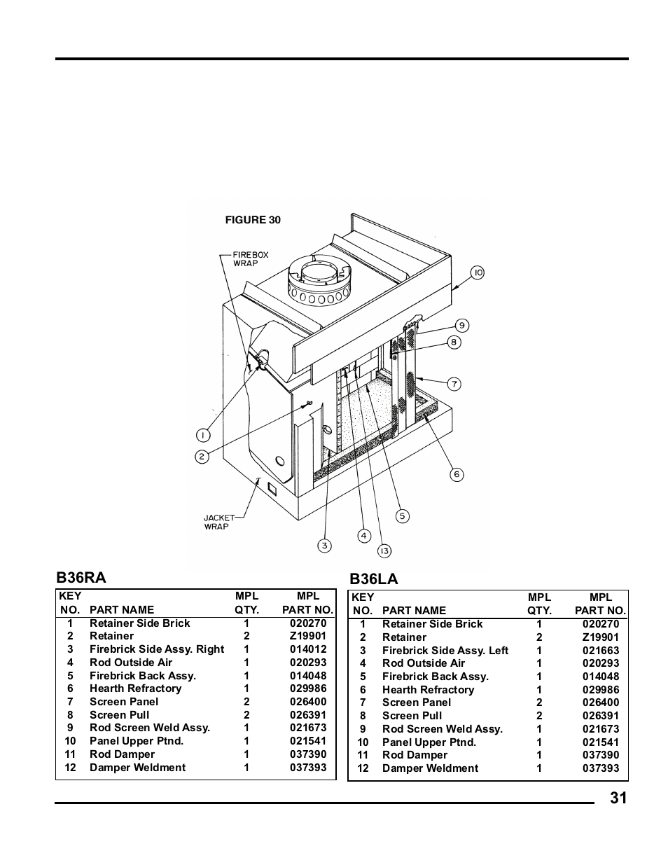 Arts, Iagram, B36la b36ra | Martin Fireplaces B36RA User Manual | Page 31 / 32