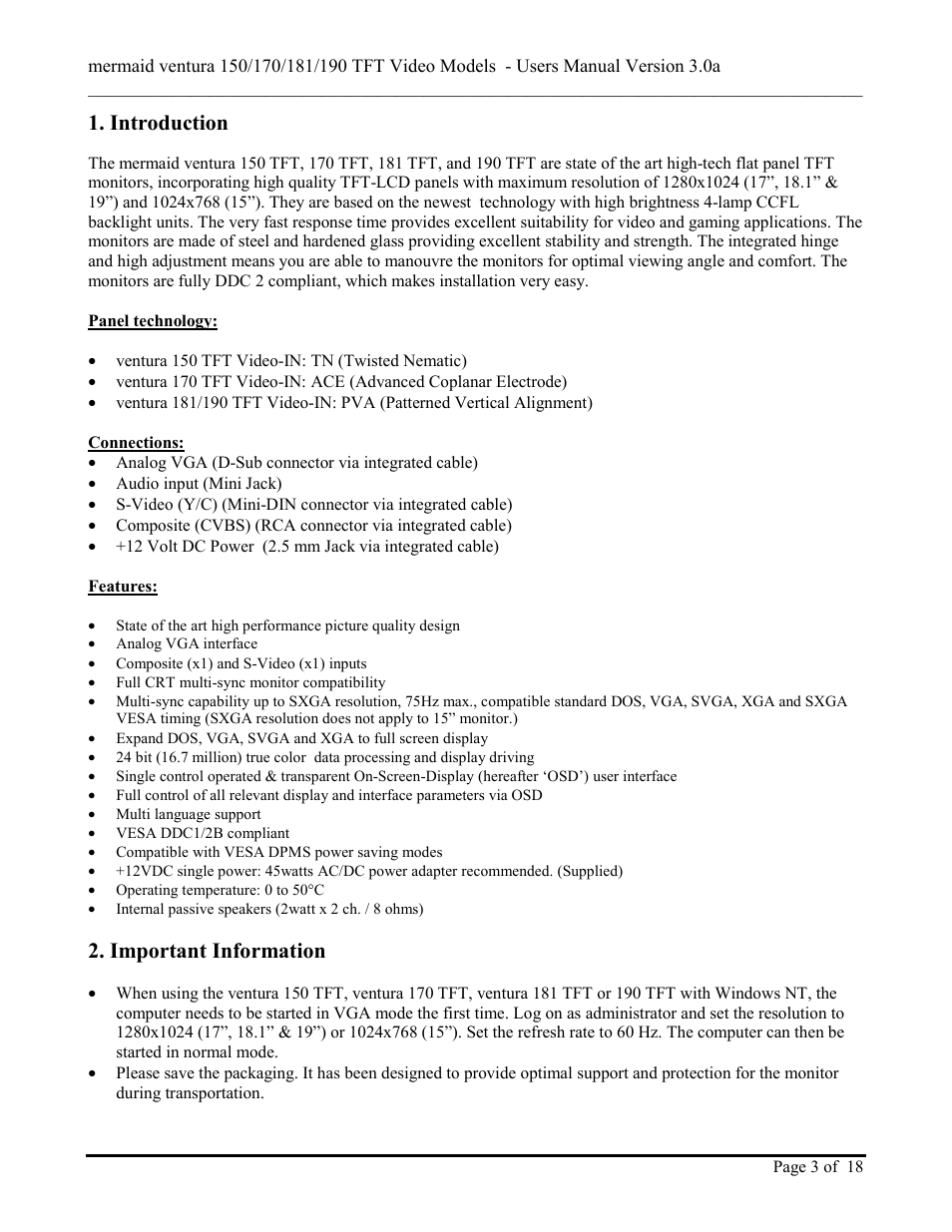 Introduction, Important information | Mermaid Technology 150170181190 User Manual | Page 3 / 18