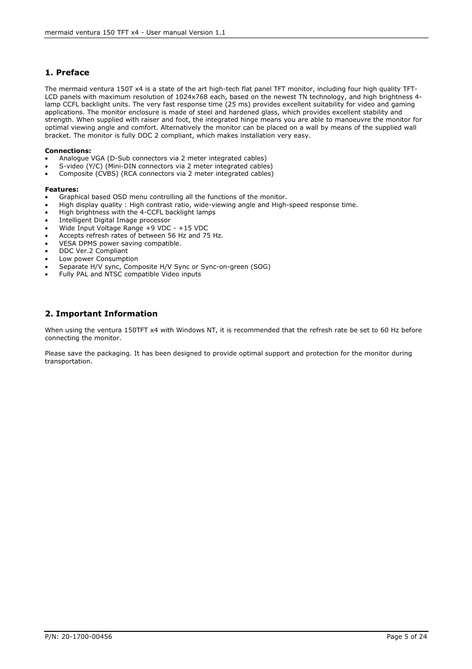 Preface, Important information | Mermaid Technology 150 User Manual | Page 5 / 24