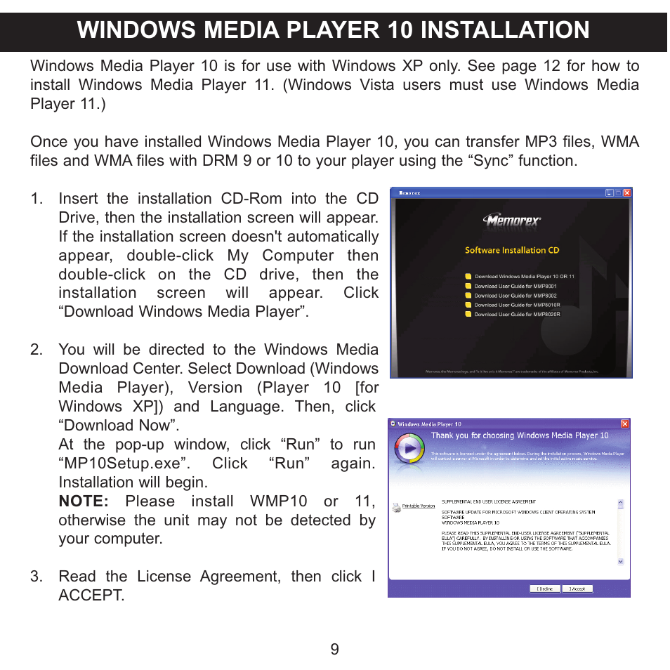 Windows media player 10 installation | Memorex CLIP & PLAY MMP8001 User Manual | Page 10 / 70