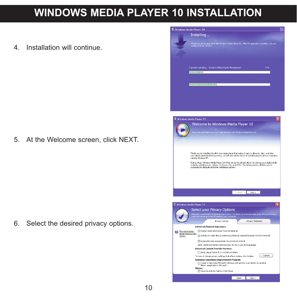 Windows media player 10 installation | Memorex CLIP & PLAY MMP8001 User Manual | Page 11 / 70