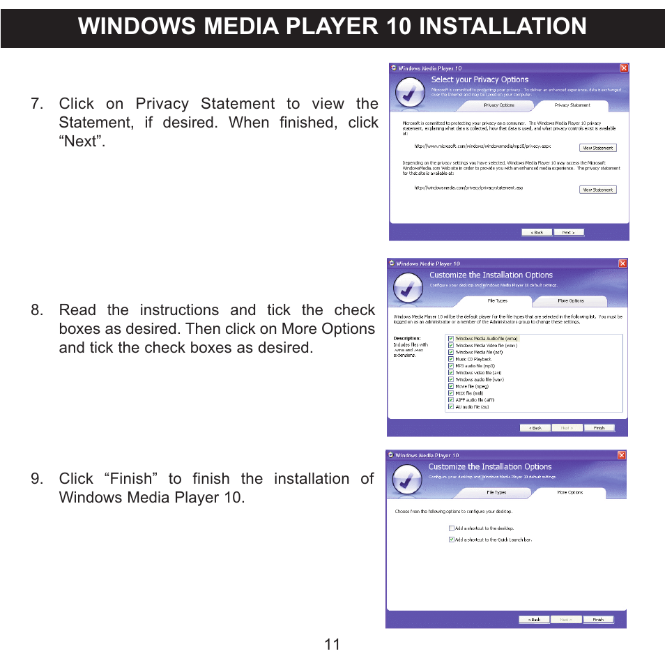 Windows media player 10 installation | Memorex CLIP & PLAY MMP8001 User Manual | Page 12 / 70