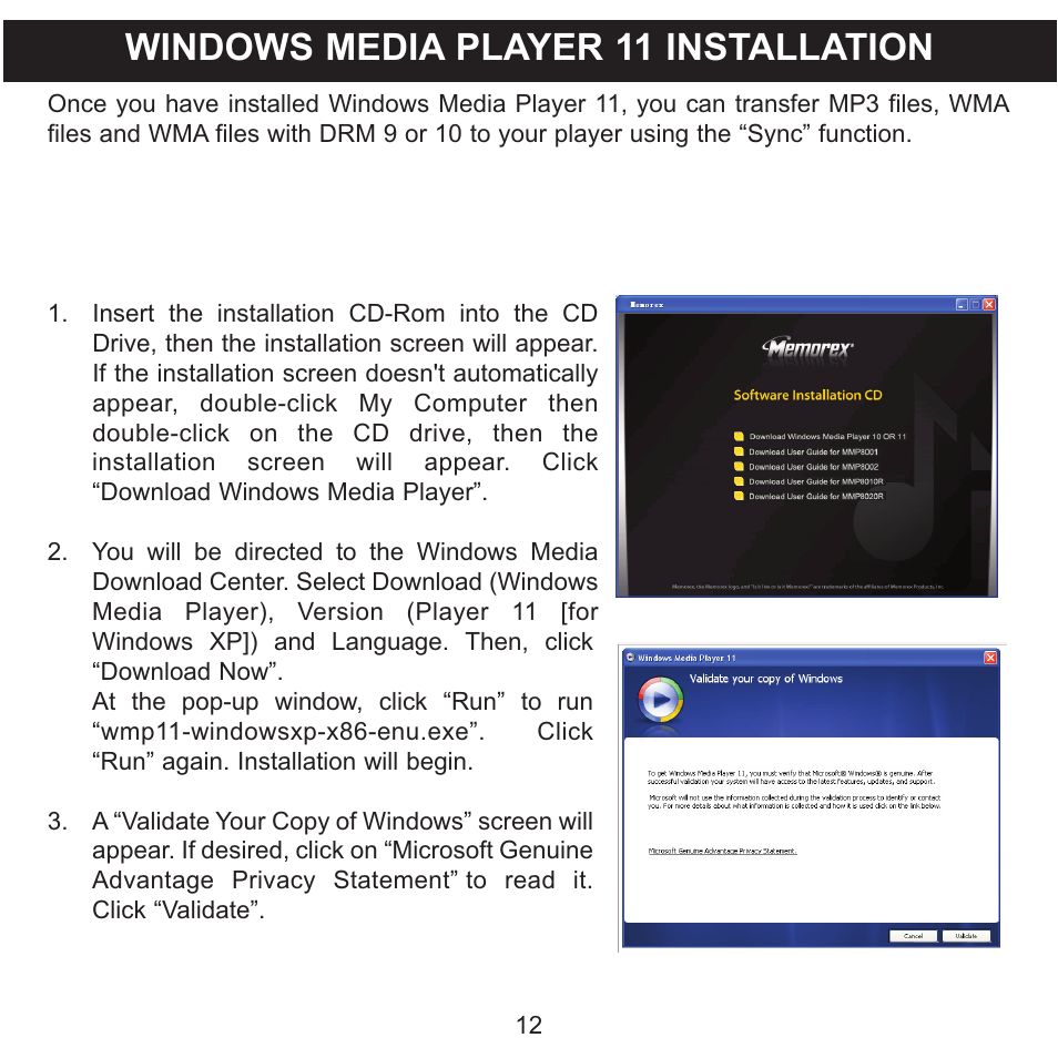 Windows media player 11 installation | Memorex CLIP & PLAY MMP8001 User Manual | Page 13 / 70