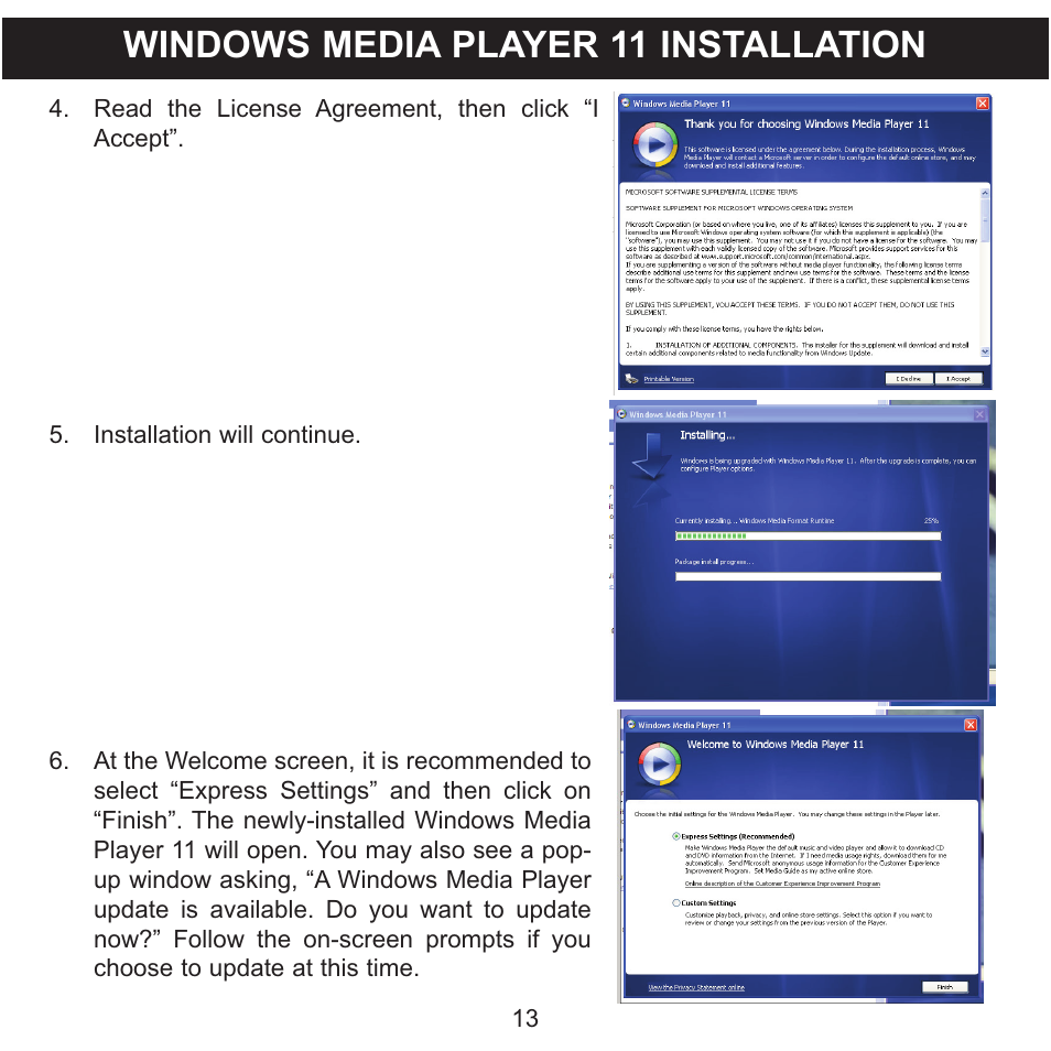 Windows media player 11 installation | Memorex CLIP & PLAY MMP8001 User Manual | Page 14 / 70