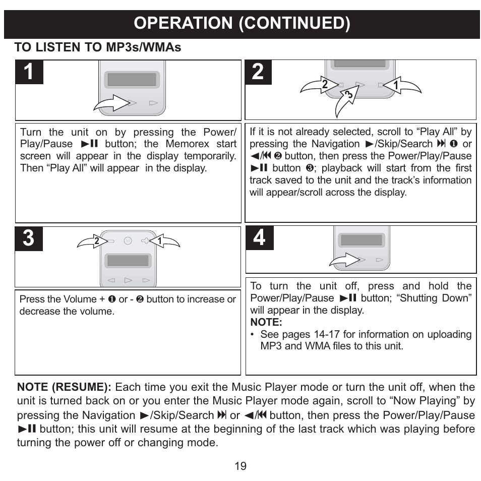 Operation (continued) | Memorex CLIP & PLAY MMP8001 User Manual | Page 20 / 70