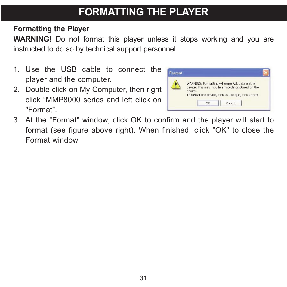 Formatting the player | Memorex CLIP & PLAY MMP8001 User Manual | Page 32 / 70