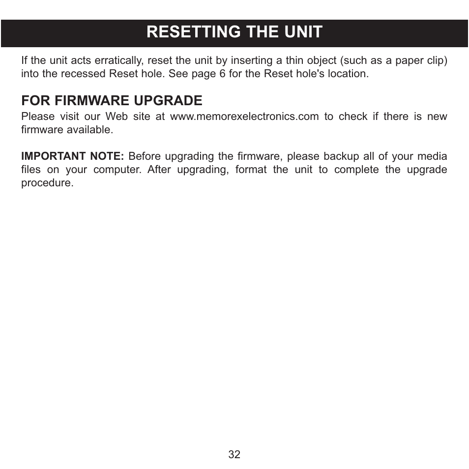 Resetting the unit, For firmware upgrade | Memorex CLIP & PLAY MMP8001 User Manual | Page 33 / 70