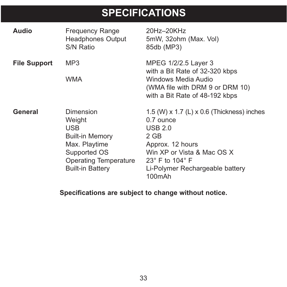 Specifications | Memorex CLIP & PLAY MMP8001 User Manual | Page 34 / 70