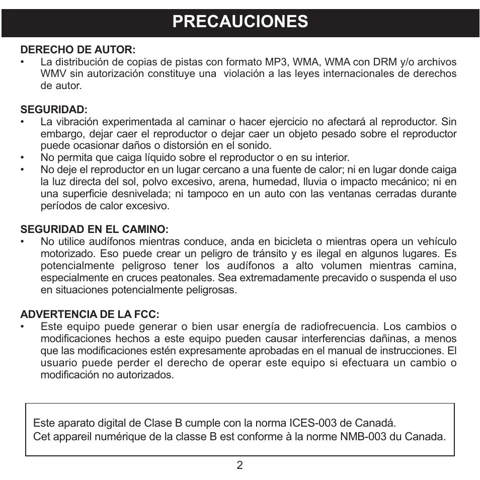 Precauciones | Memorex CLIP & PLAY MMP8001 User Manual | Page 37 / 70