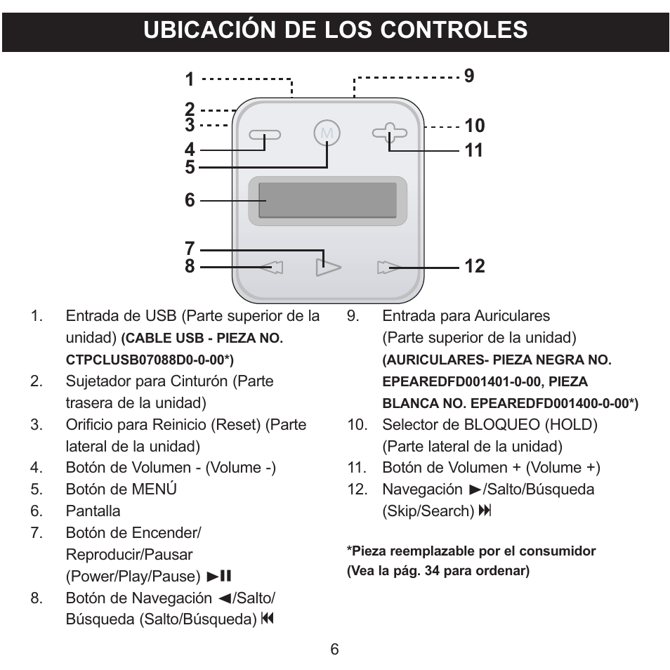 Ubicación de los controles | Memorex CLIP & PLAY MMP8001 User Manual | Page 41 / 70