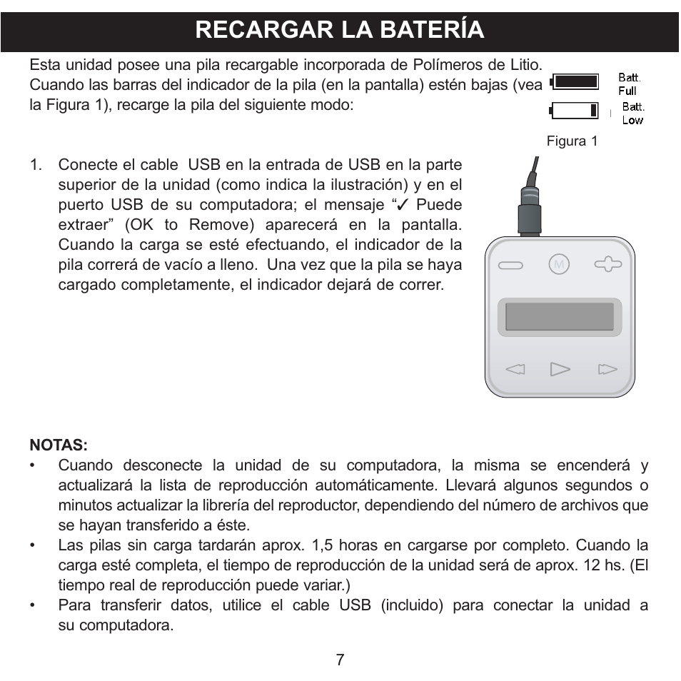 Recargar la batería | Memorex CLIP & PLAY MMP8001 User Manual | Page 42 / 70