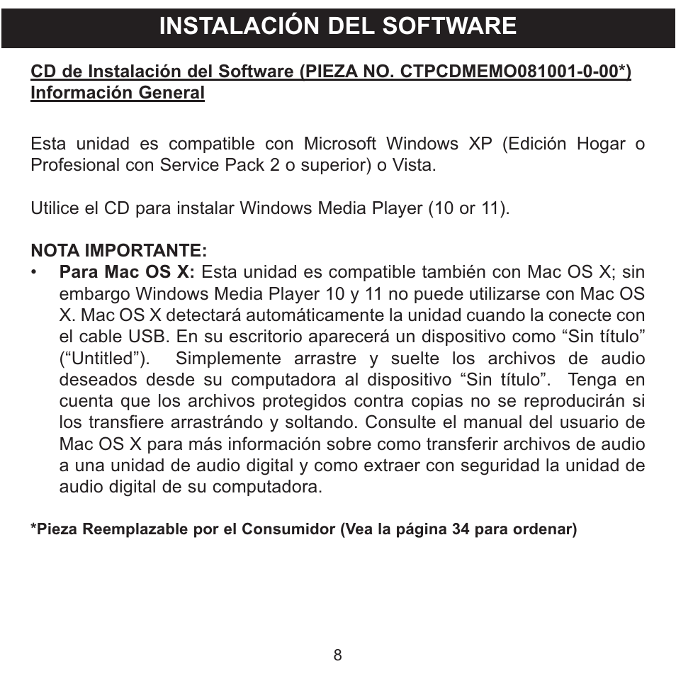 Instalación del software | Memorex CLIP & PLAY MMP8001 User Manual | Page 43 / 70