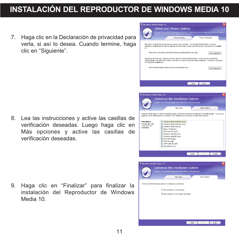 Instalación del reproductor de windows media 10 | Memorex CLIP & PLAY MMP8001 User Manual | Page 46 / 70