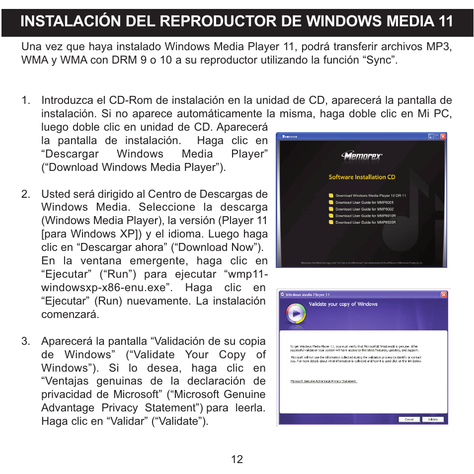 Instalación del reproductor de windows media 11 | Memorex CLIP & PLAY MMP8001 User Manual | Page 47 / 70