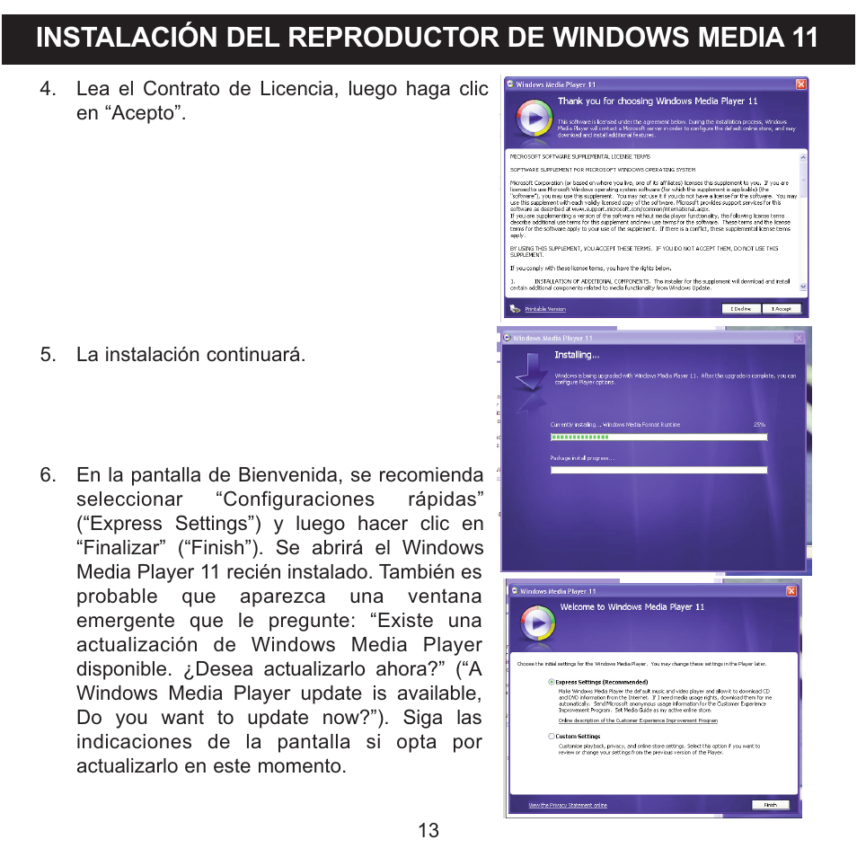 Instalación del reproductor de windows media 11 | Memorex CLIP & PLAY MMP8001 User Manual | Page 48 / 70