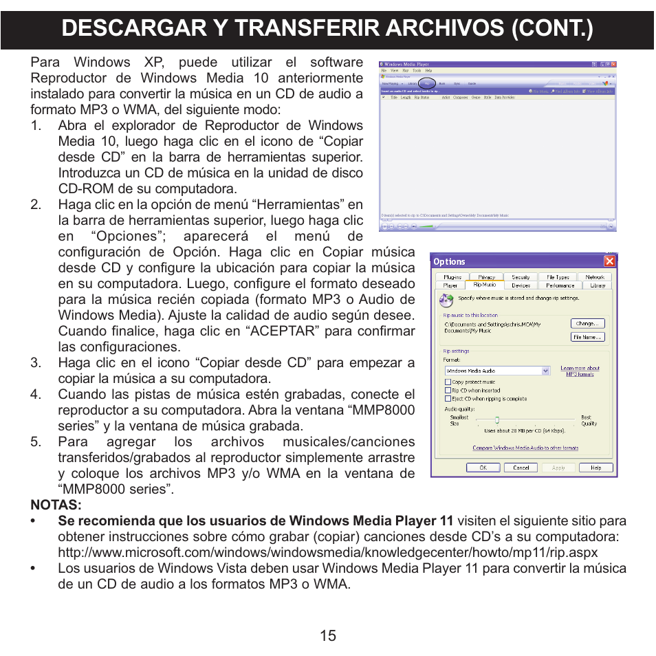 Descargar y transferir archivos (cont.) | Memorex CLIP & PLAY MMP8001 User Manual | Page 50 / 70
