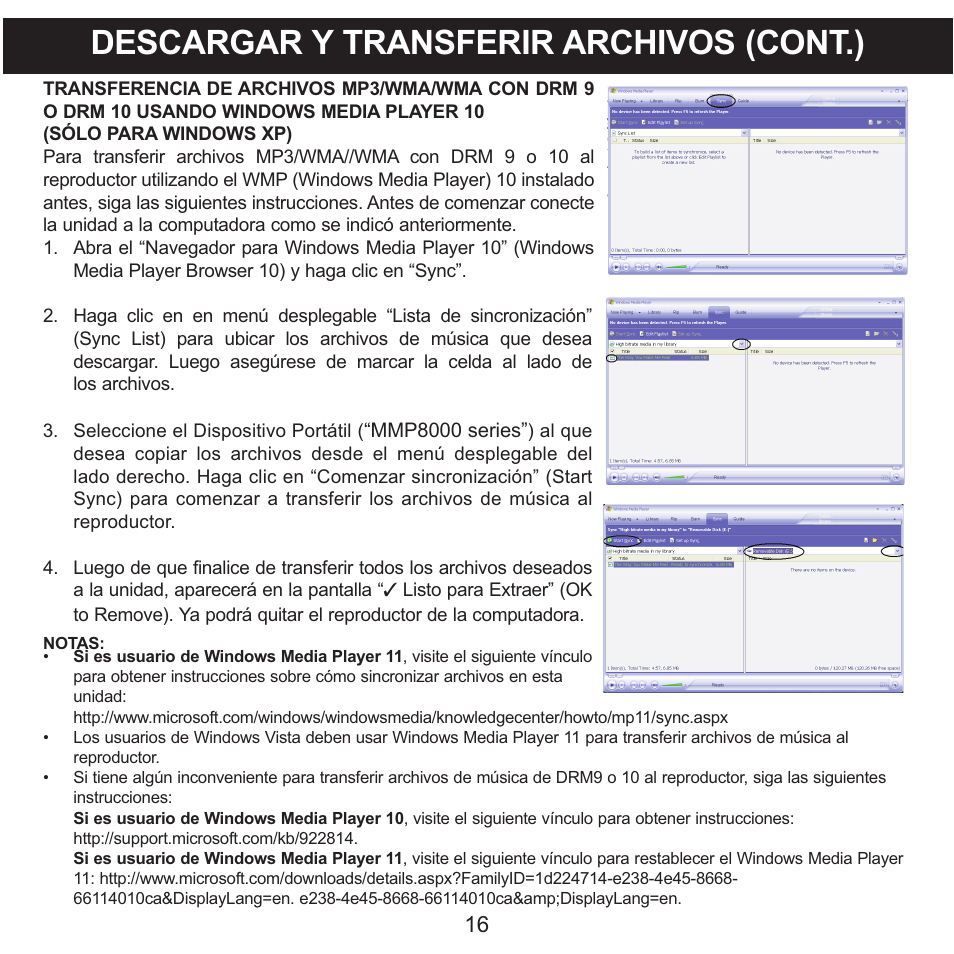 Descargar y transferir archivos (cont.) | Memorex CLIP & PLAY MMP8001 User Manual | Page 51 / 70