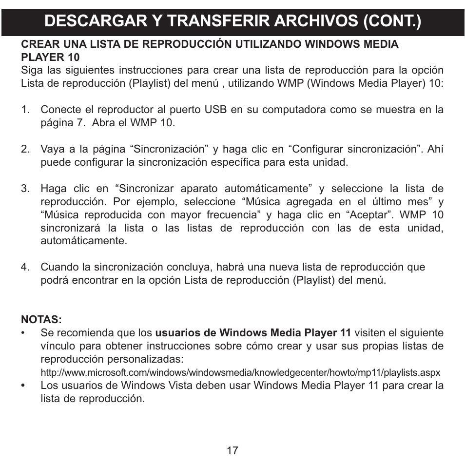 Descargar y transferir archivos (cont.) | Memorex CLIP & PLAY MMP8001 User Manual | Page 52 / 70