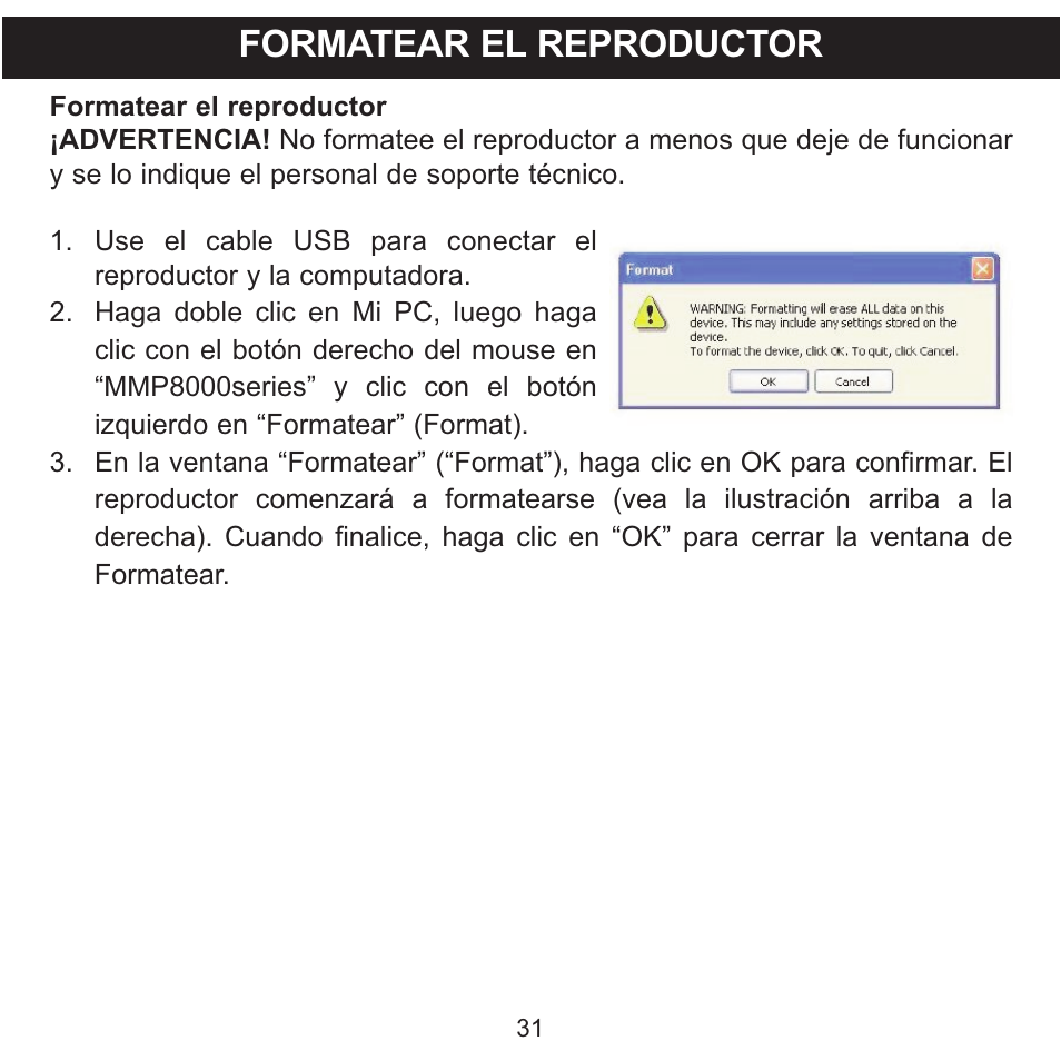 Formatear el reproductor | Memorex CLIP & PLAY MMP8001 User Manual | Page 66 / 70