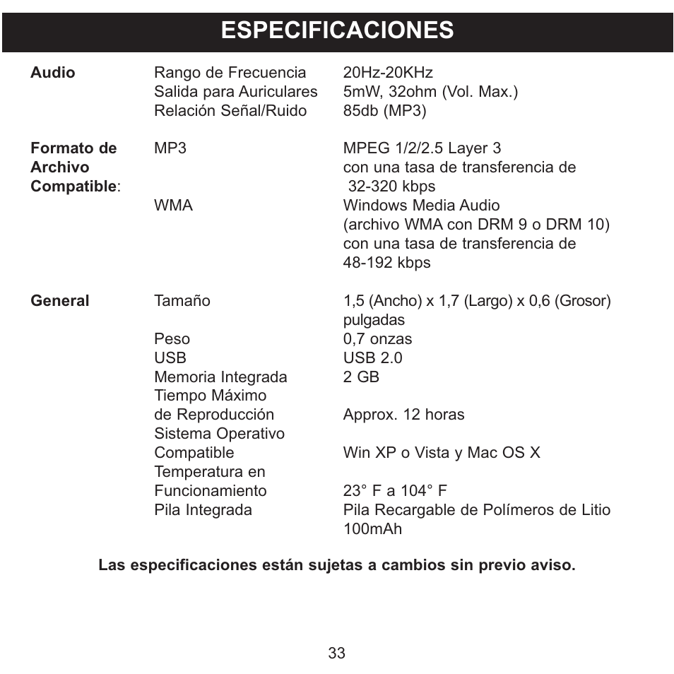 Especificaciones | Memorex CLIP & PLAY MMP8001 User Manual | Page 68 / 70