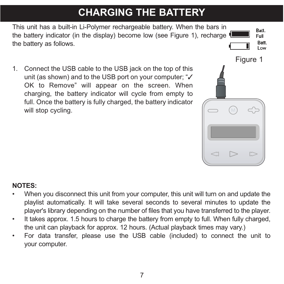 Charging the battery | Memorex CLIP & PLAY MMP8001 User Manual | Page 8 / 70