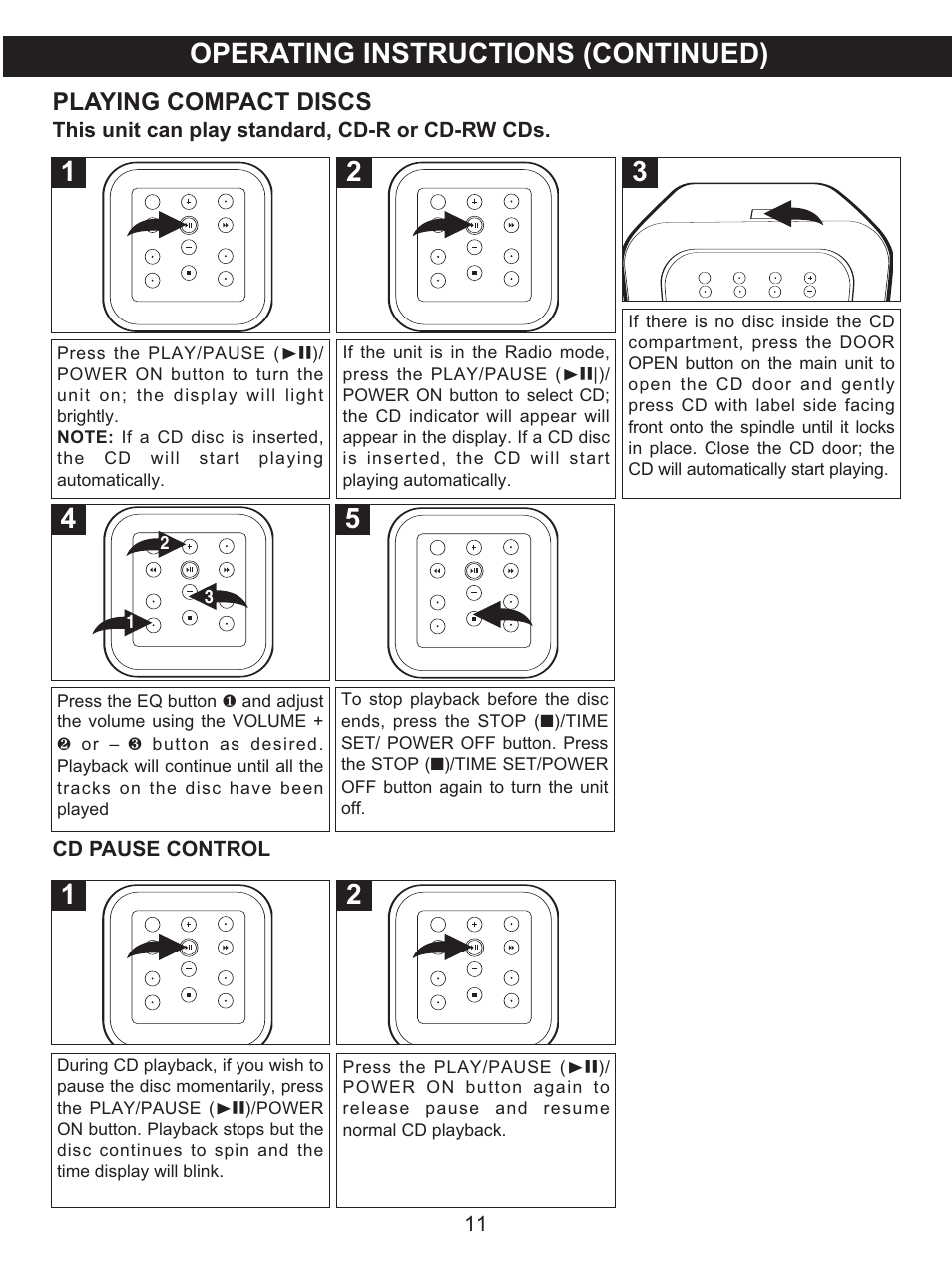 Operating instructions (continued), Playing compact discs | Memorex MX4118 User Manual | Page 12 / 21