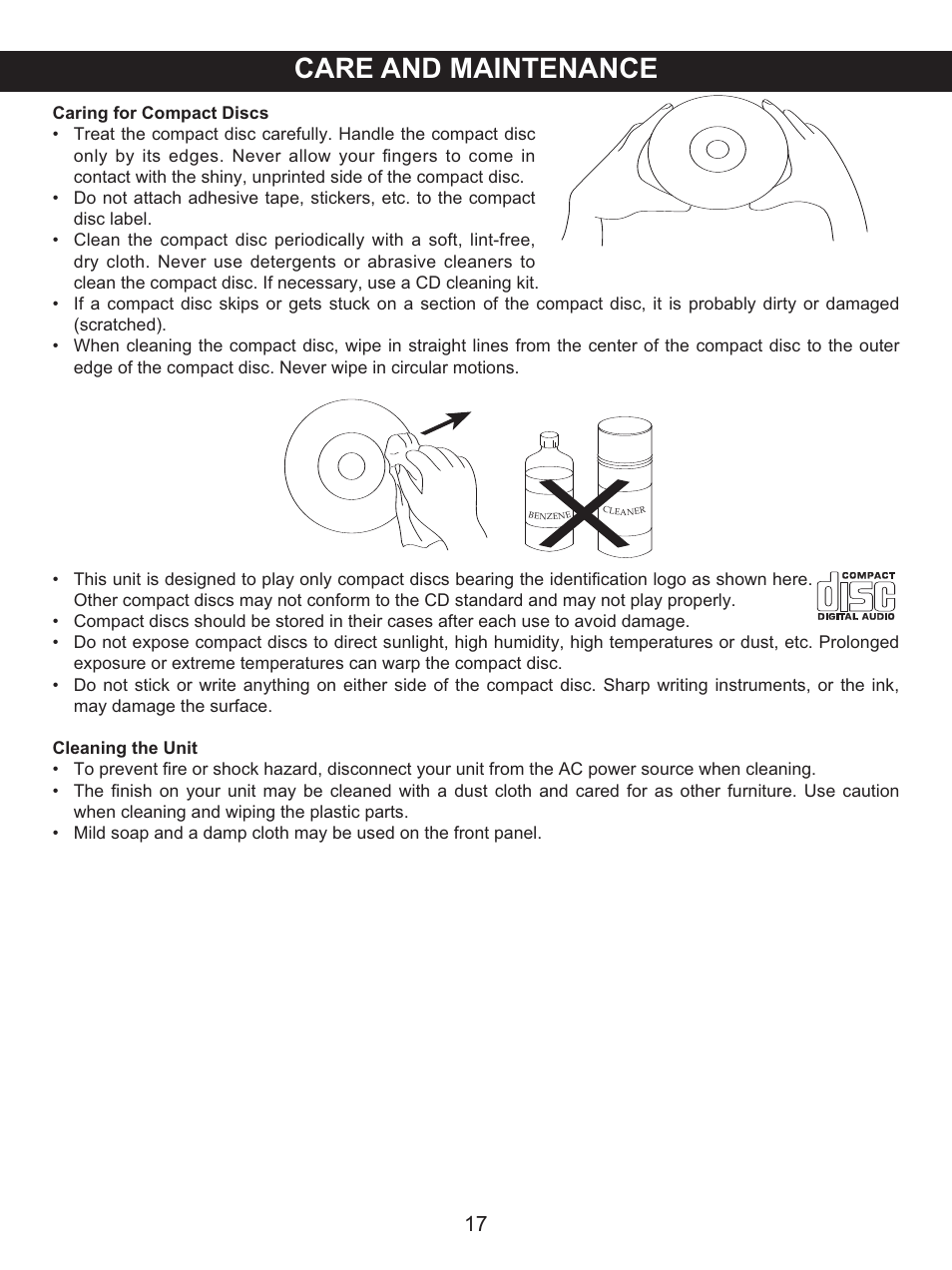 Care and maintenance | Memorex MX4118 User Manual | Page 18 / 21