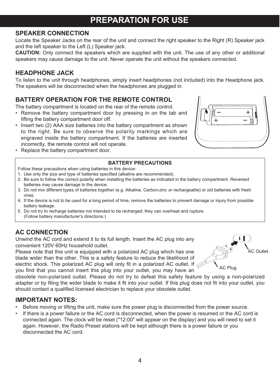 Preparation for use, Speaker connection, Battery operation for the remote control | Ac connection, Headphone jack | Memorex MX4118 User Manual | Page 5 / 21