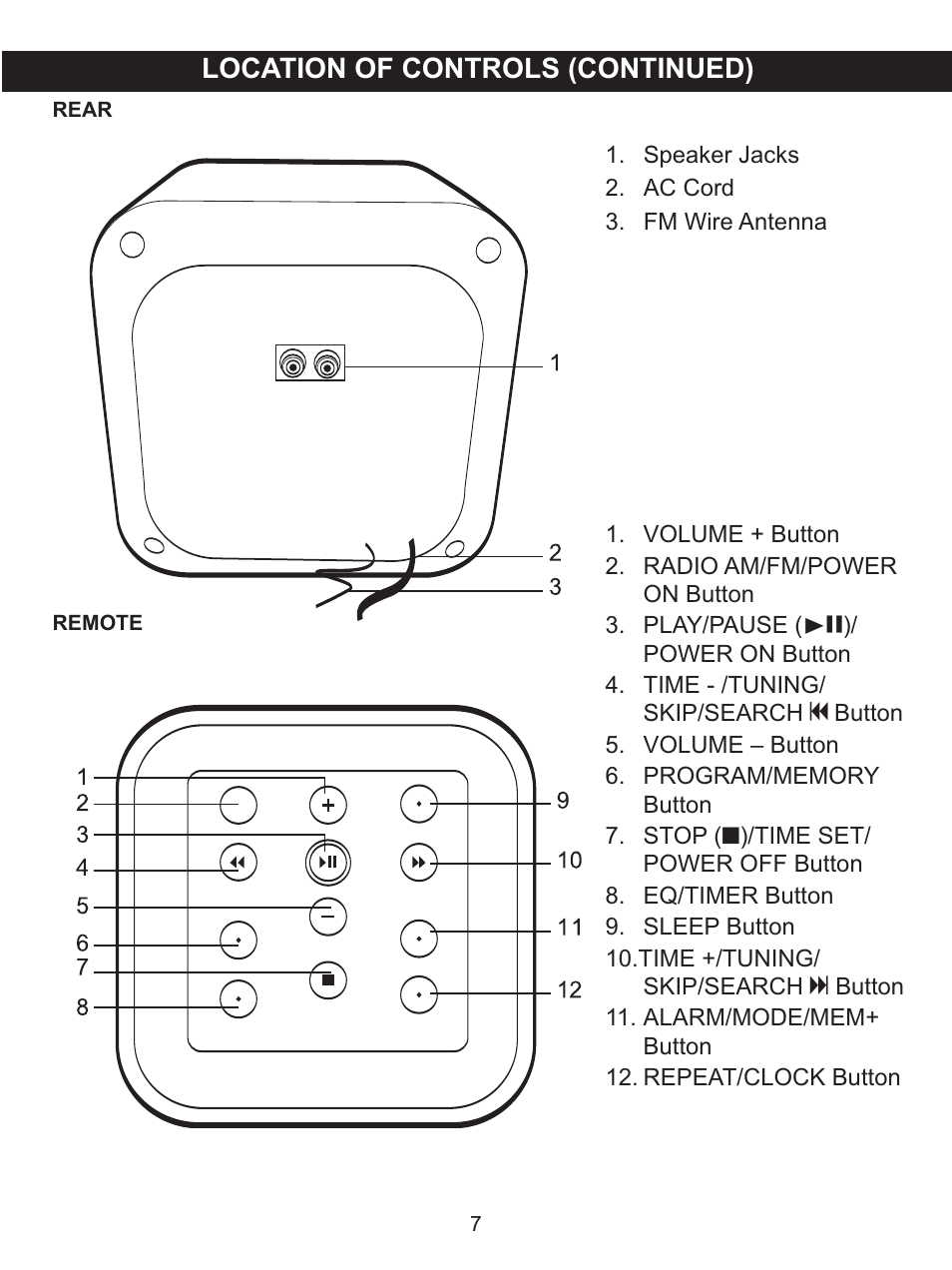 Location of controls (continued) | Memorex MX4118 User Manual | Page 8 / 21