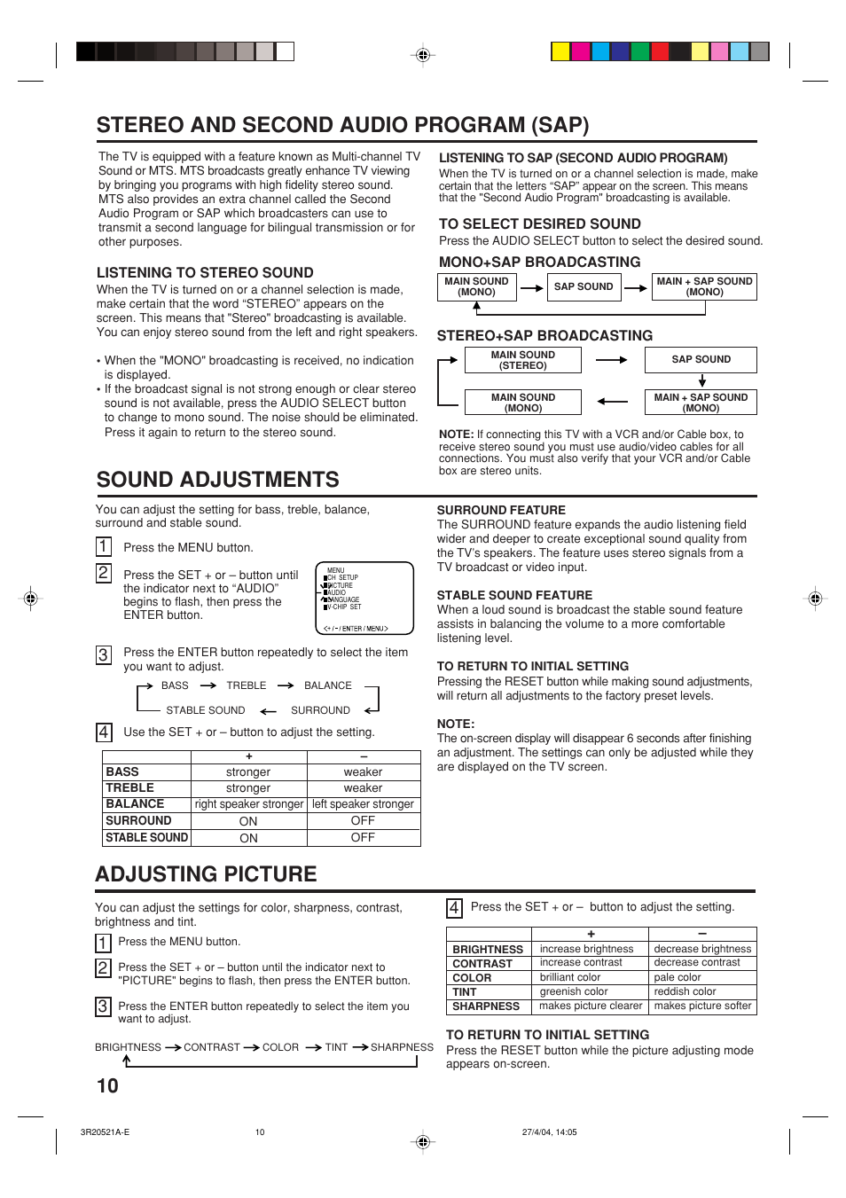 Adjusting picture, Stereo and second audio program (sap), Sound adjustments | Memorex MT2274 User Manual | Page 10 / 24