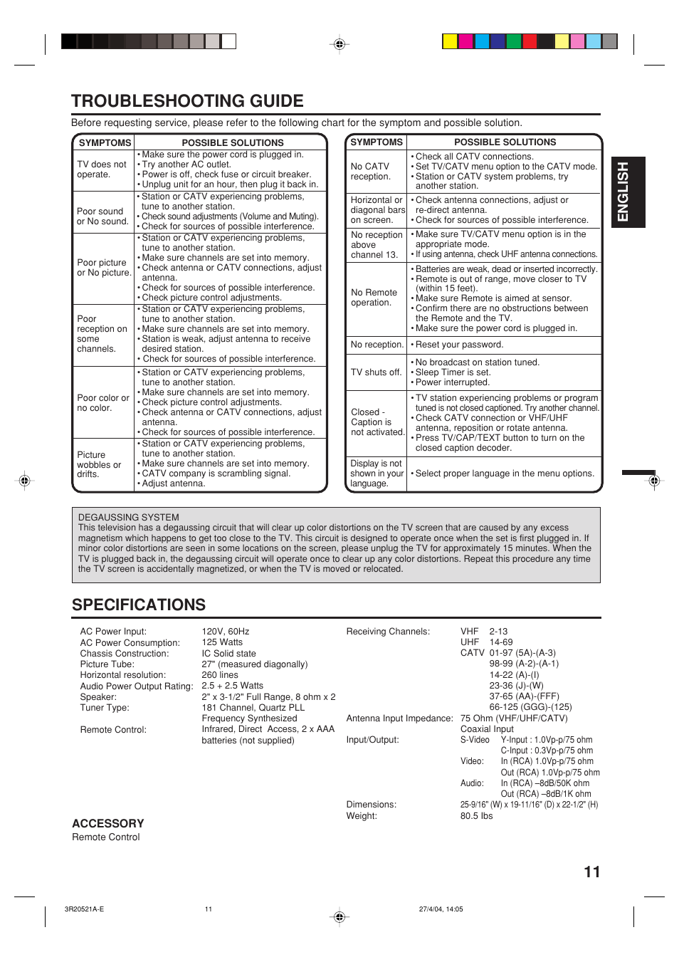 Troubleshooting guide, Specifications, English | Accessory | Memorex MT2274 User Manual | Page 11 / 24