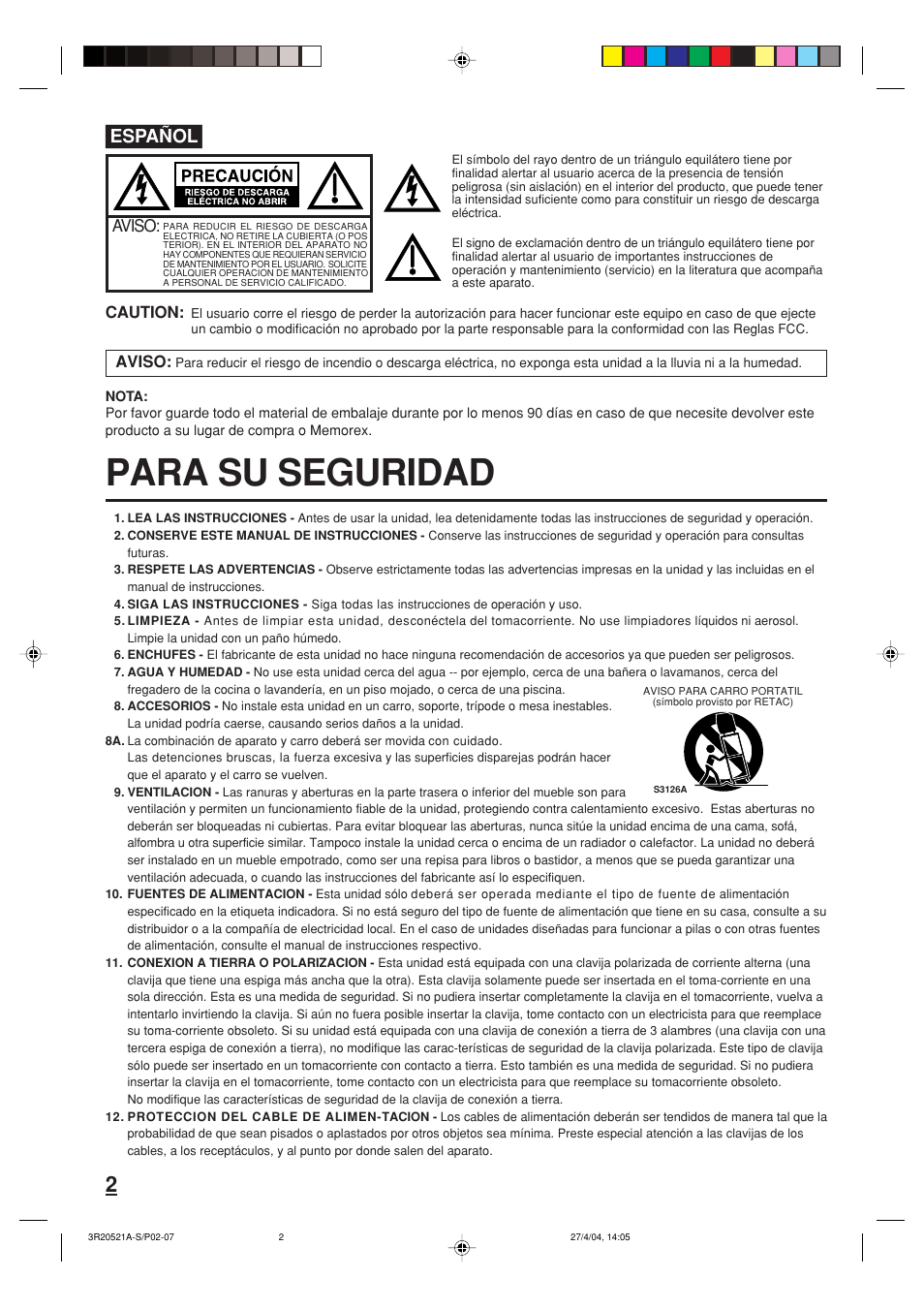 Para su seguridad, Español, Aviso | Memorex MT2274 User Manual | Page 12 / 24