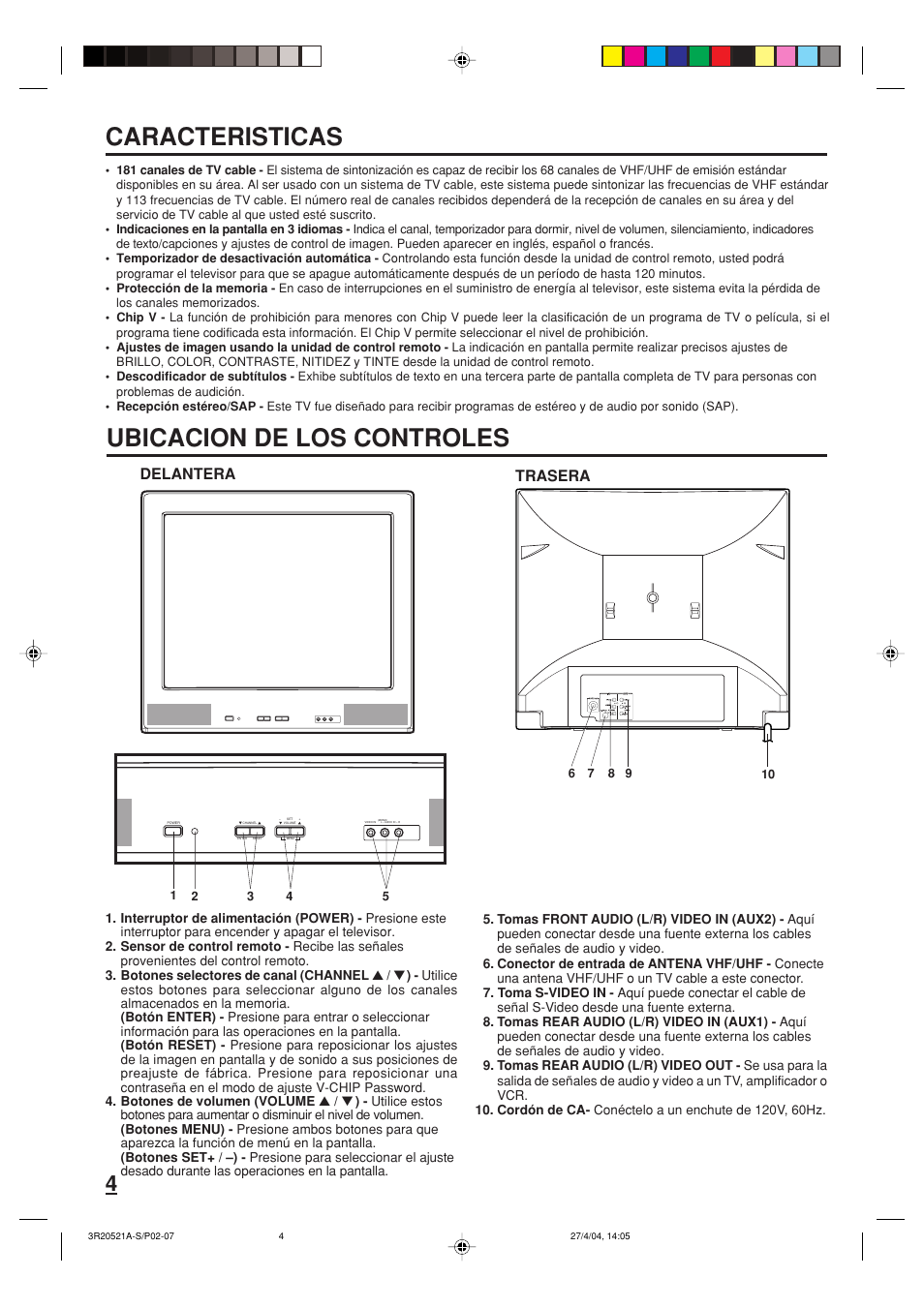 Caracteristicas ubicacion de los controles, Delantera, Trasera | Memorex MT2274 User Manual | Page 14 / 24