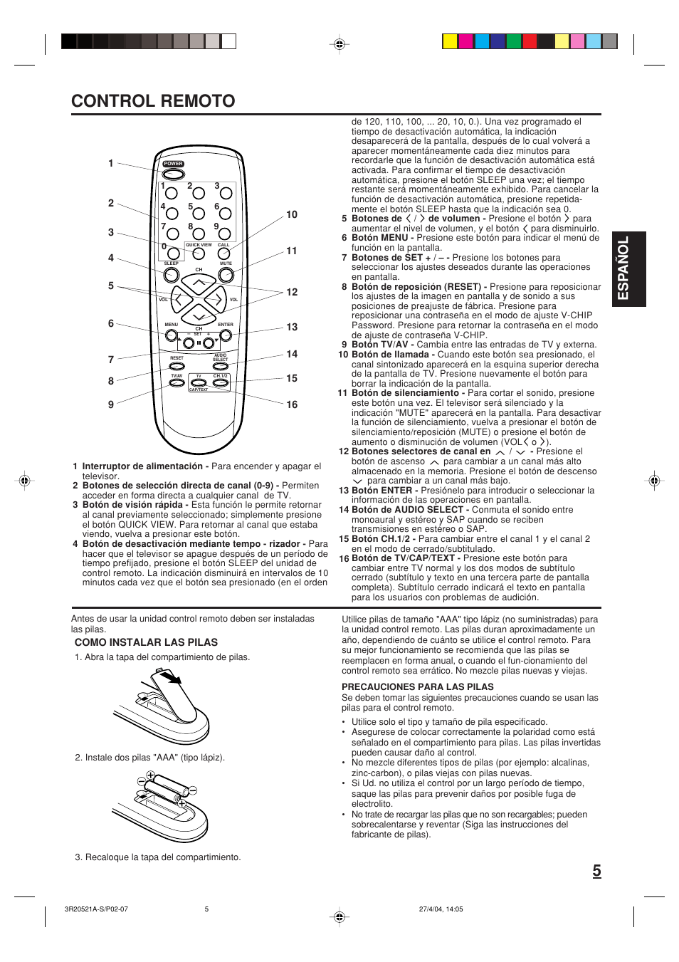 Control remoto, Esp añol | Memorex MT2274 User Manual | Page 15 / 24