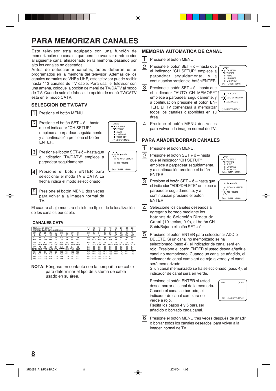 Seleccion de tv/catv, Para añadir/borrar canales | Memorex MT2274 User Manual | Page 18 / 24