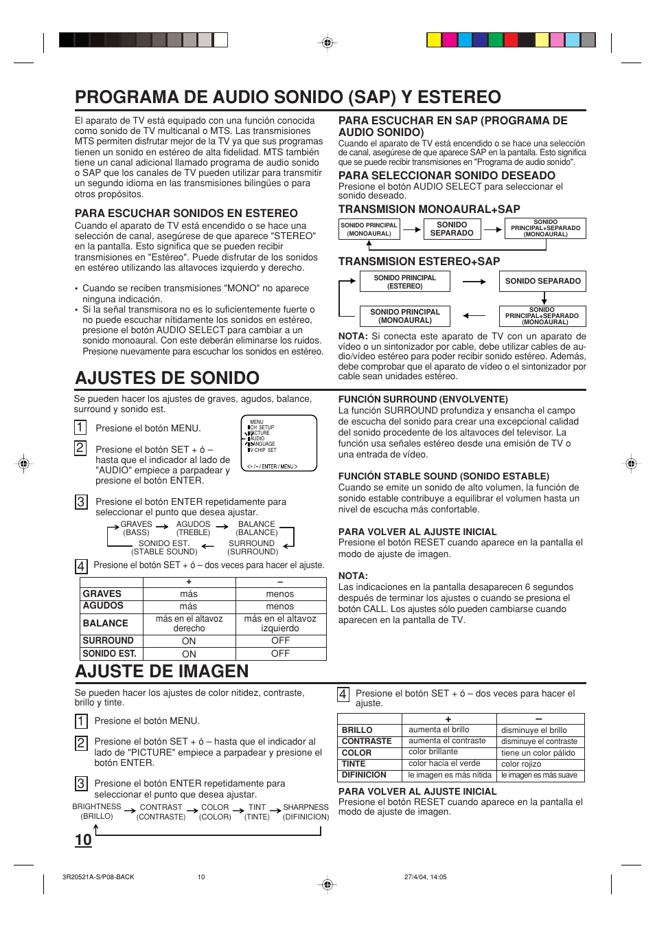 Ajuste de imagen, Programa de audio sonido (sap) y estereo, Ajustes de sonido | Memorex MT2274 User Manual | Page 20 / 24