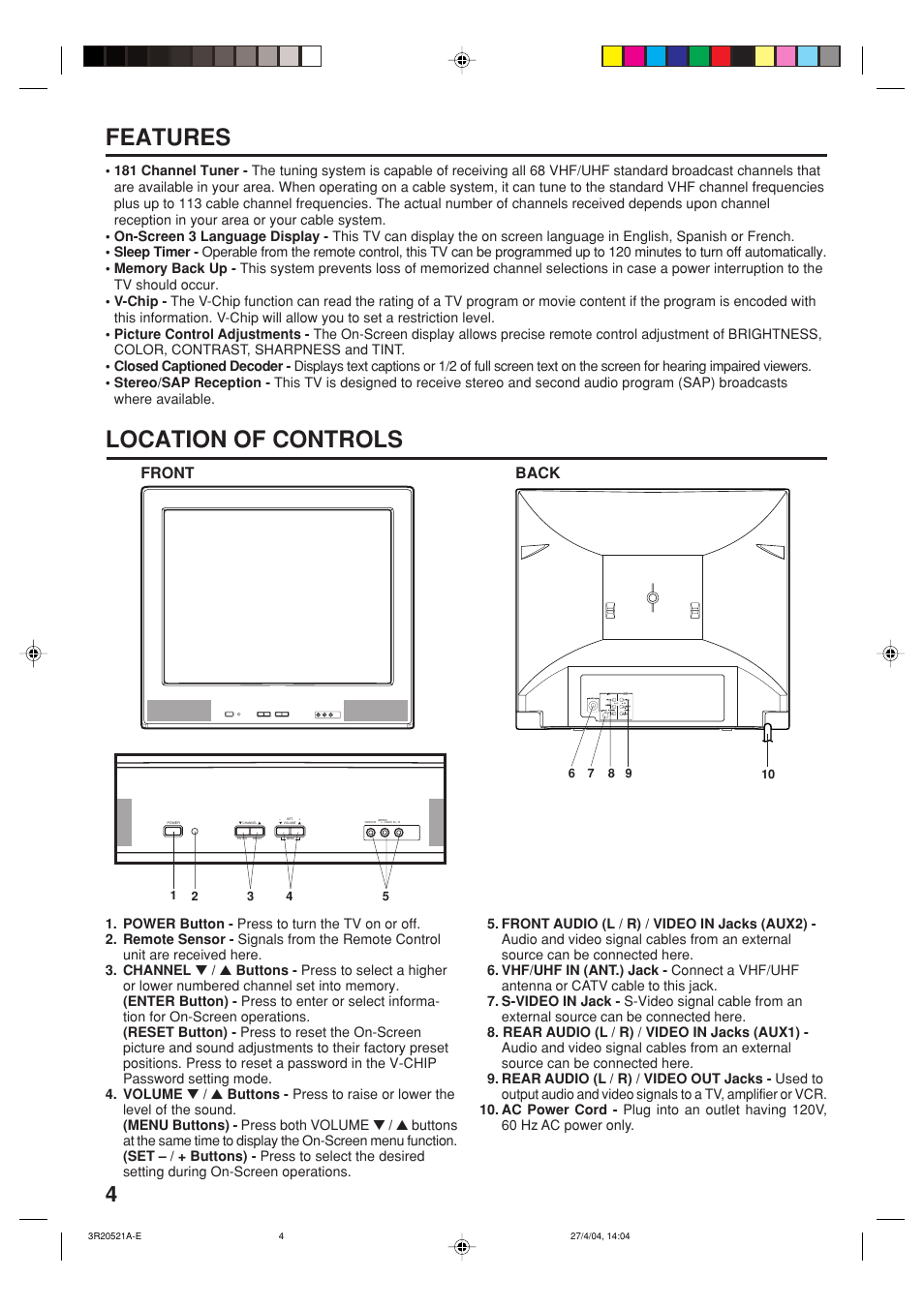 Features location of controls, Front, Back | Memorex MT2274 User Manual | Page 4 / 24