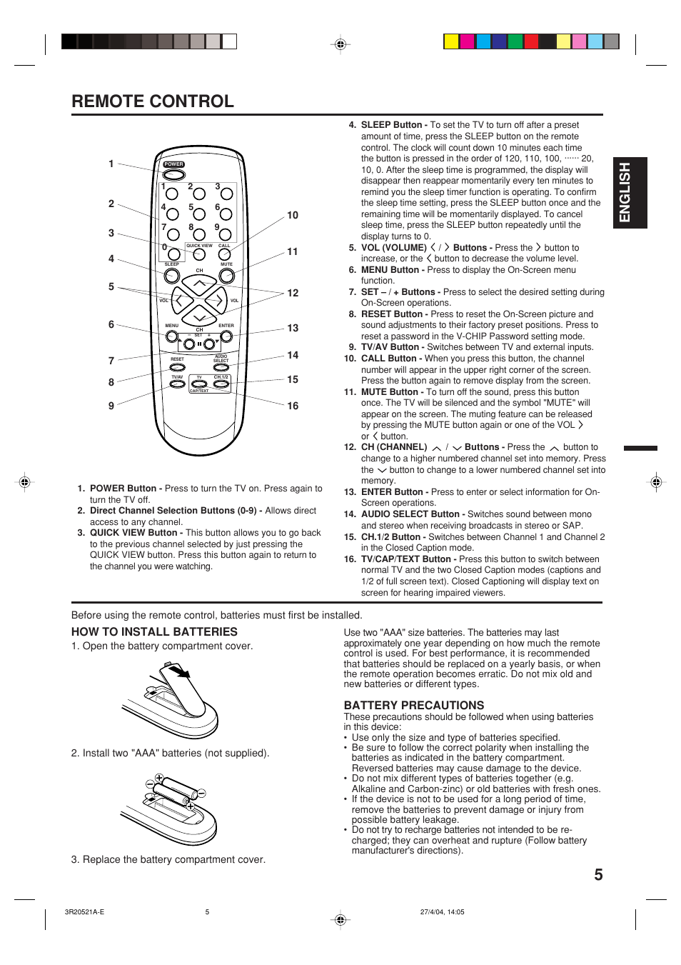 Remote control, English, How to install batteries | Battery precautions | Memorex MT2274 User Manual | Page 5 / 24