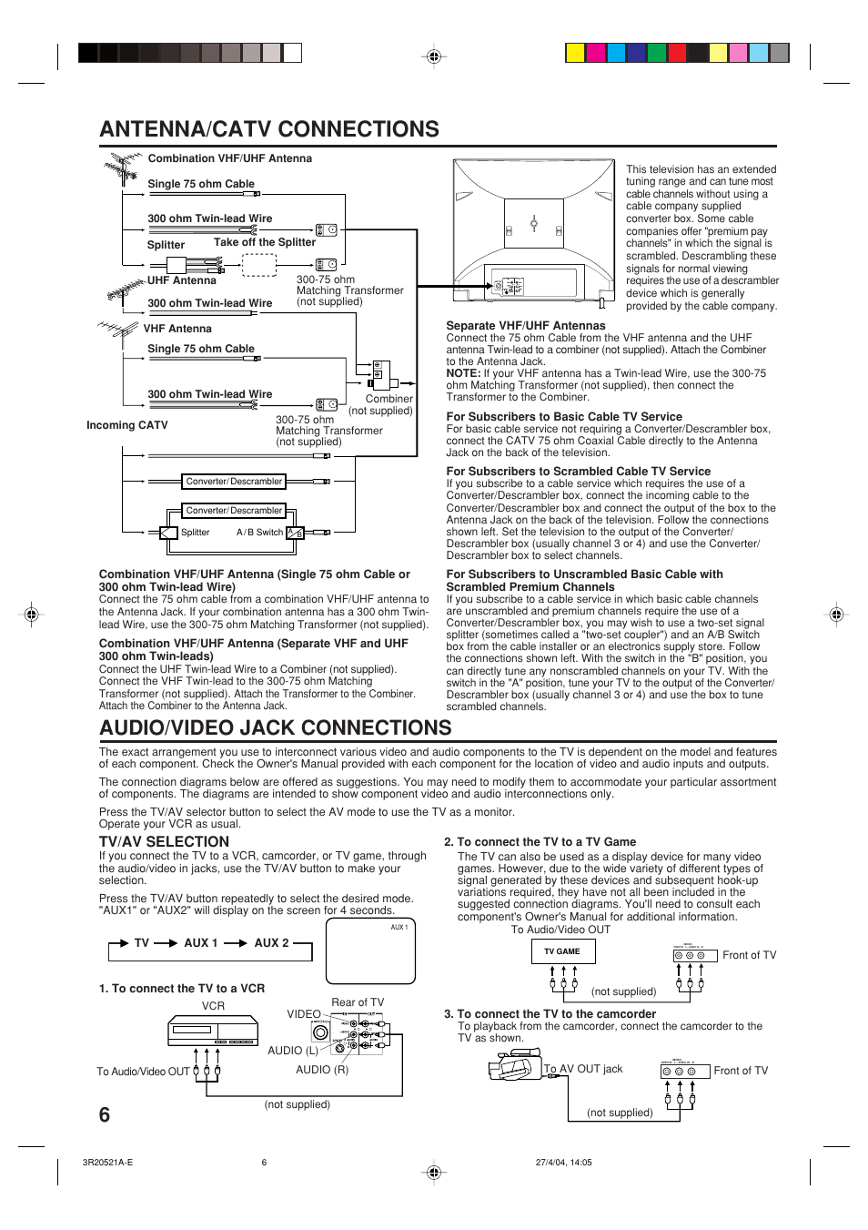 Antenna/catv connections, Audio/video jack connections, Tv/av selection | Memorex MT2274 User Manual | Page 6 / 24