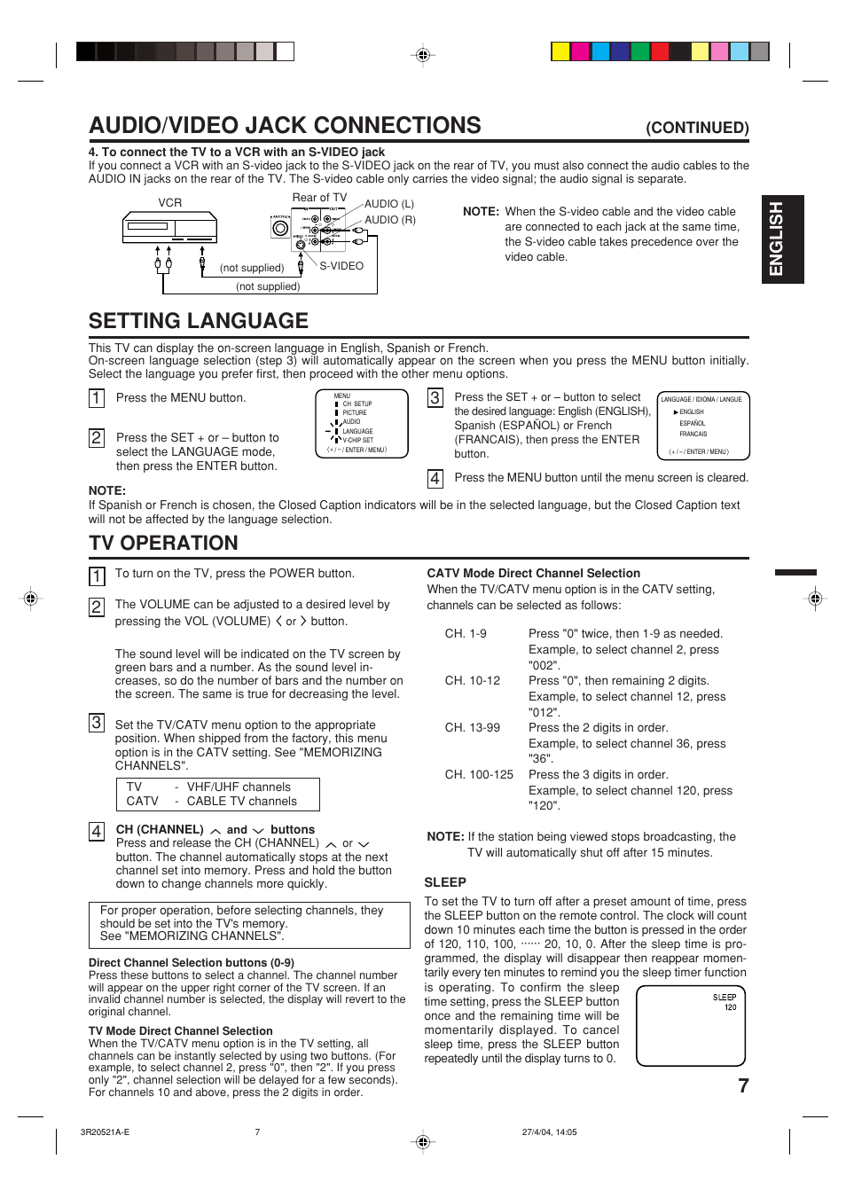 Audio/video jack connections, Setting language, Tv operation | English, Continued) | Memorex MT2274 User Manual | Page 7 / 24