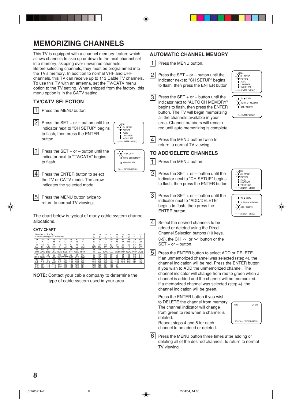 Tv/catv selection, Button or the set + or – button | Memorex MT2274 User Manual | Page 8 / 24