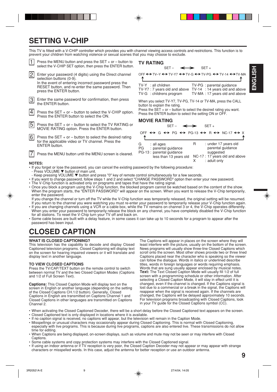 Setting v-chip, Closed caption, English | Memorex MT2274 User Manual | Page 9 / 24