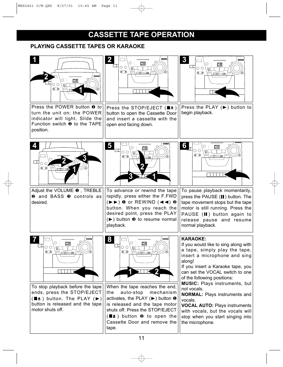Cassette tape operation | Memorex MKS2461 User Manual | Page 12 / 20