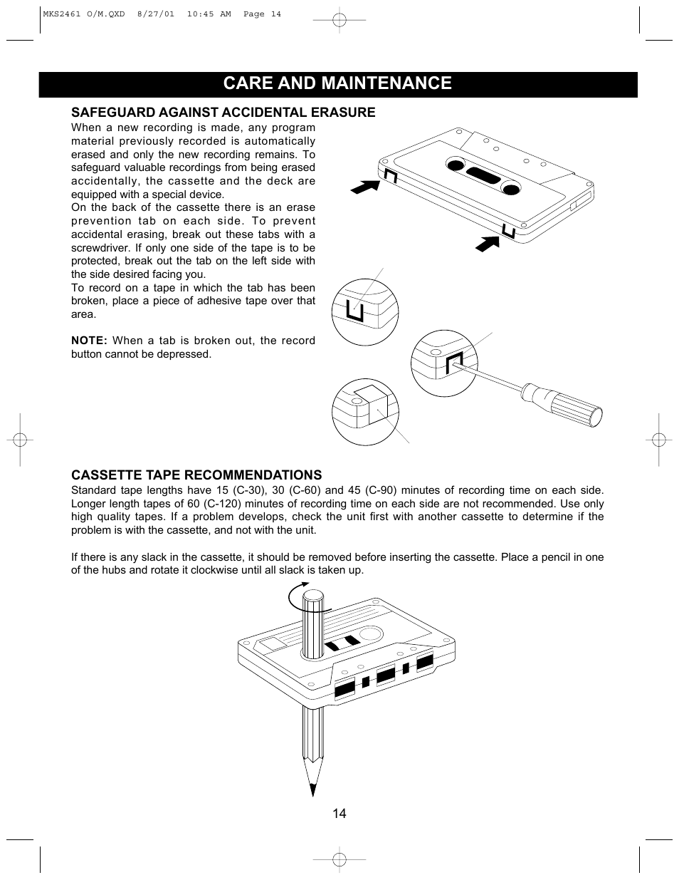 Care and maintenance, Side 1 | Memorex MKS2461 User Manual | Page 15 / 20