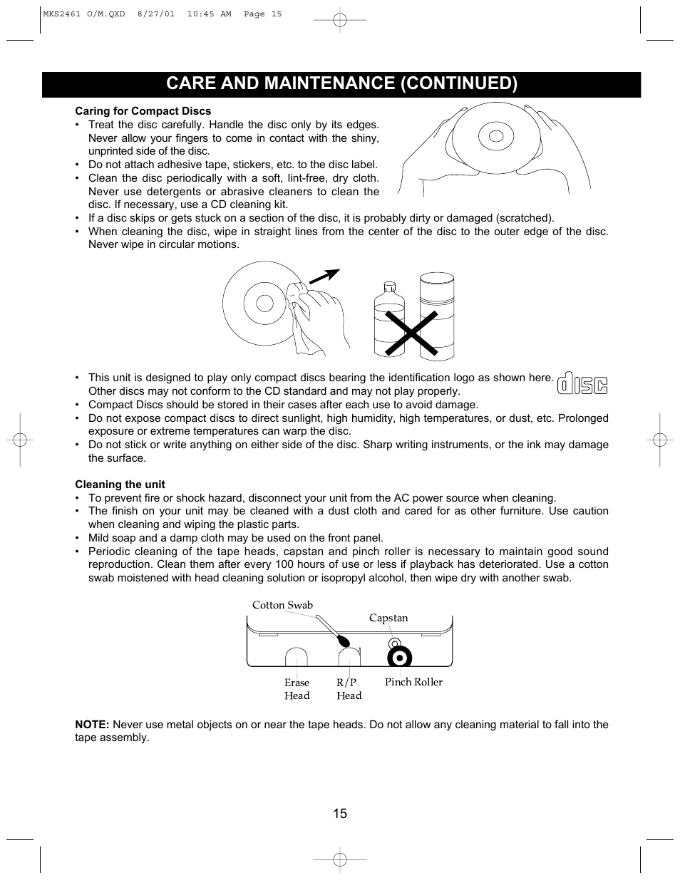 Care and maintenance (continued) | Memorex MKS2461 User Manual | Page 16 / 20